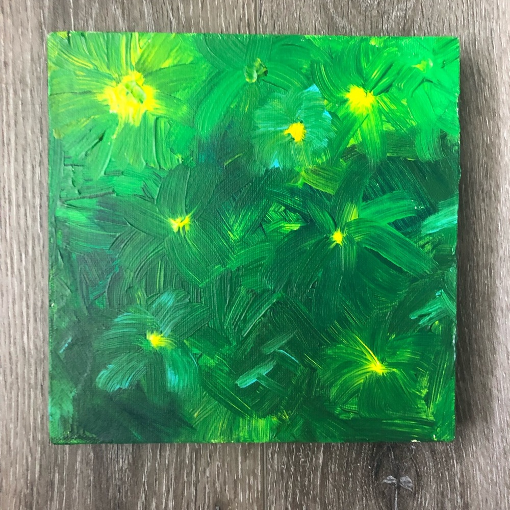 8x8 Small Green Yellow Flower Mini Abstract Painting Canvas Desk Office Artwork